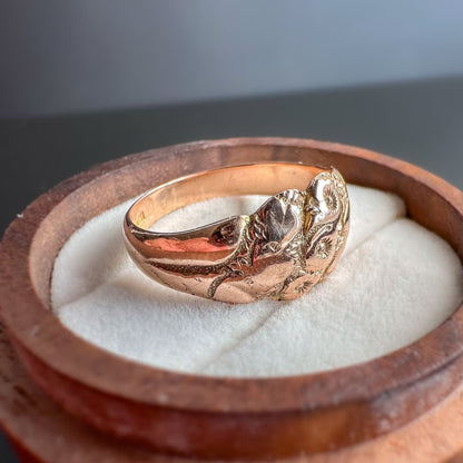 Antique | Beuatiful Victorian | 9ct | 9k Rose Gold | Fancy Floral & Heart Foliate Band Ring | Solid Gold | SIgnet Ring | Hallmarked 1909 |