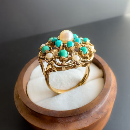 9ct | 9K Gold | Vintage | Stately Victorian Inspired | Turquoise & Pearl Cluster Ring | Multi Stone Ring | English Hallmarks |