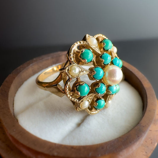 9ct | 9K Gold | Vintage | Stately Victorian Inspired | Turquoise & Pearl Cluster Ring | Multi Stone Ring | English Hallmarks |