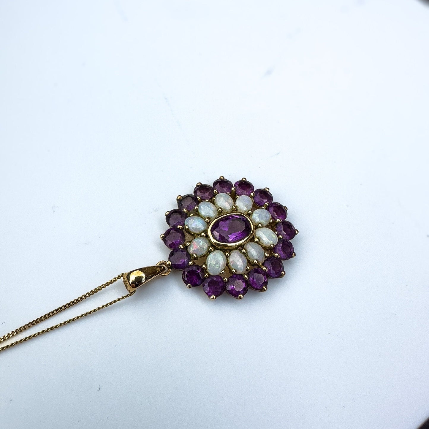 9ct Gold | Stunning | Vintage | Opal & Amethyst | Pendant Necklace Set | Floral Pendant Set | Jewelry Set | English Hallmarks |
