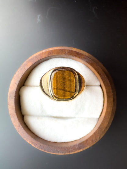 9ct | 9k Gold | Vintage | Tiger's eye Rectangular Panel Signet Ring | London Hallmarks | 90s |