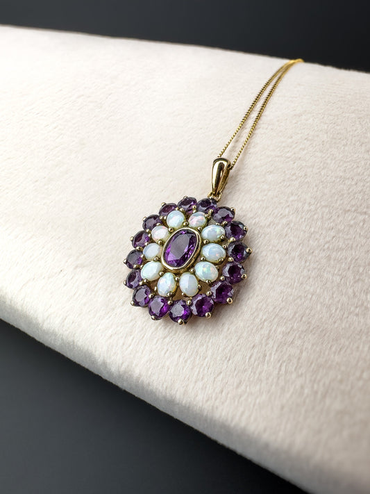 9ct Gold | Stunning | Vintage | Opal & Amethyst | Pendant Necklace Set | Floral Pendant Set | Jewelry Set | English Hallmarks |