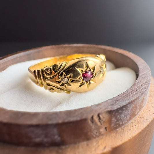 18ct Gold | Victorian | Gypsy Ring | Starburst Set Ruby & Diamond  | Solid Gold | Signet Ring | London 1915 Hallmarked |