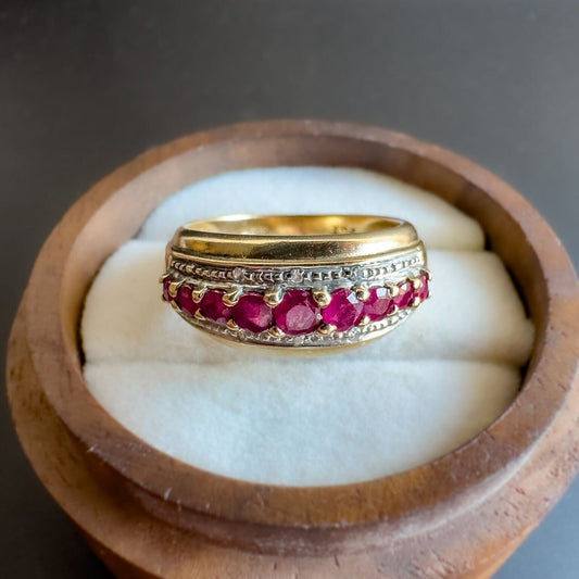 9ct | 9k Gold | Vintage | Ruby & Diamond Three Row Dome Band Ring | Half Eternity Ring | Anniversary Ring | Hallmarked | Size N resizable |
