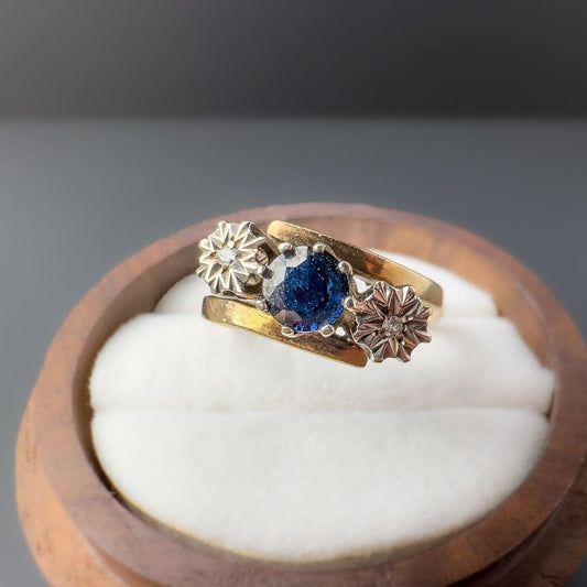 9ct | 9k Gold | Vintage 80s | Sapphire & Diamond Trilogy Twist Ring | Three Stone Ring | English Hallmarks |