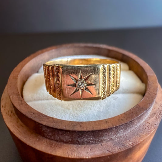 9ct Gold | Solid Gold | Vintage | Diamond Set Gypsy Ring | Large Signet Ring | UK SIze W 1/2 | English Hallmarks |