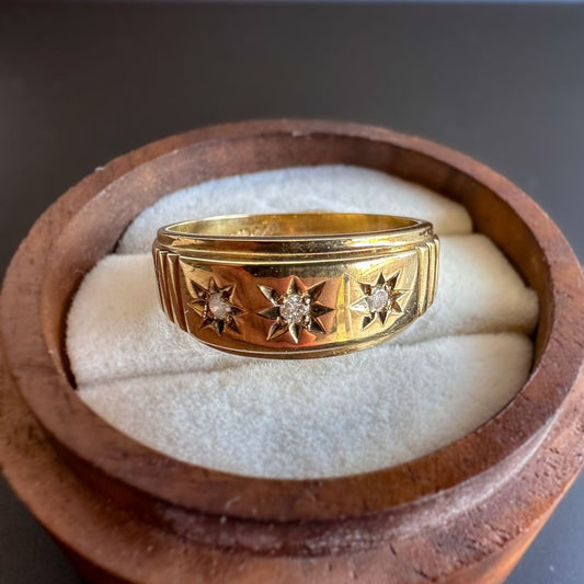 9ct | 9k Gold | Vintage | Gypsy Ring | Diamond Trilogy Starburst Set Band Ring | Signet Ring | Hallmarked | UK Size P 1/2 | Resizable |