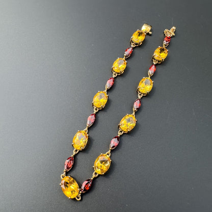 Beautiful | 9ct | 9k Gold | Vintage | Red Garnet and Yellow Citrine Gemstone link Bracelet | English Hallmarks |