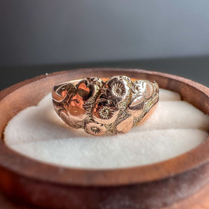 Antique | Beuatiful Victorian | 9ct | 9k Rose Gold | Fancy Floral & Heart Foliate Band Ring | Solid Gold | SIgnet Ring | Hallmarked 1909 |
