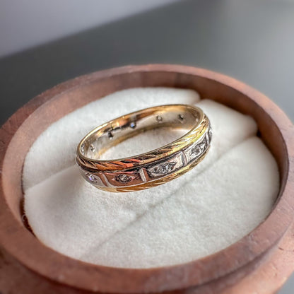 Gorgeous | 18ct | 18k Solid Gold | Vintage Bi Coloured Patterned | Full Diamond Eternity Band Ring | English Hallmarks |