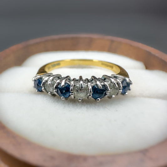 18ct Solid Gold Vintage Blue Topaz & Diamond Half Eternity Ring, Seven Stone Band, Vintage Fine Jewelry Gift | Hallmarked | UK K - US 5.25
