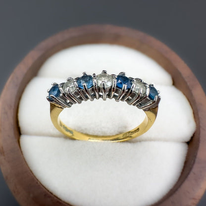 18ct Solid Gold Vintage Blue Topaz & Diamond Half Eternity Ring, Seven Stone Band, Vintage Fine Jewelry Gift | Hallmarked | UK K - US 5.25