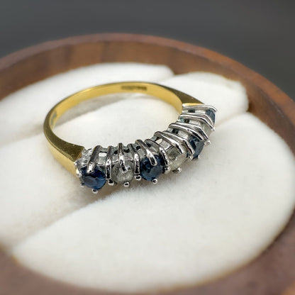 18ct Solid Gold Vintage Blue Topaz & Diamond Half Eternity Ring, Seven Stone Band, Vintage Fine Jewelry Gift | Hallmarked | UK K - US 5.25