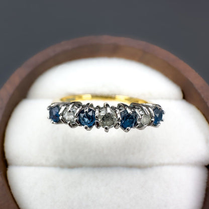18ct Solid Gold Vintage Blue Topaz & Diamond Half Eternity Ring, Seven Stone Band, Vintage Fine Jewelry Gift | Hallmarked | UK K - US 5.25