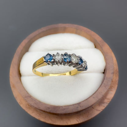 18ct Solid Gold Vintage Blue Topaz & Diamond Half Eternity Ring, Seven Stone Band, Vintage Fine Jewelry Gift | Hallmarked | UK K - US 5.25