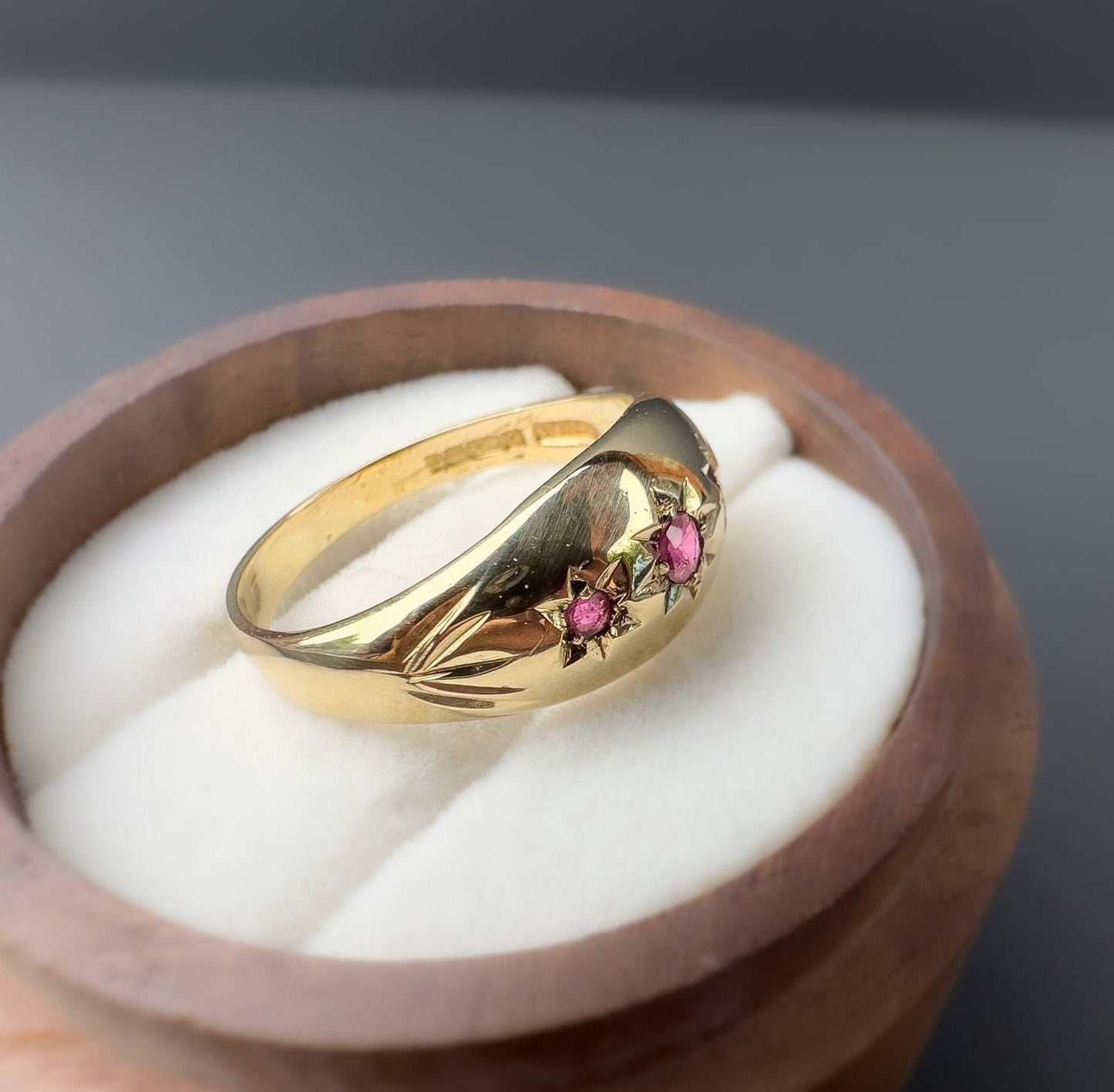 9ct | 9k Yellow Gold | Vintage Pink Ruby Trilogy Gypsy Ring | Gypsy Bands | Signet | English Hallmarks | UK Size P | Resizable |