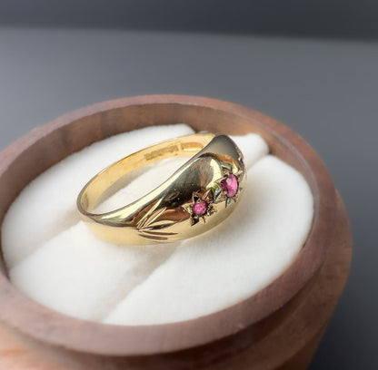 9ct | 9k Yellow Gold | Vintage Pink Ruby Trilogy Gypsy Ring | Gypsy Bands | Signet | English Hallmarks | UK Size P | Resizable |
