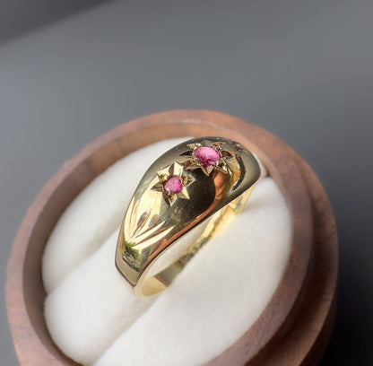 9ct | 9k Yellow Gold | Vintage Pink Ruby Trilogy Gypsy Ring | Gypsy Bands | Signet | English Hallmarks | UK Size P | Resizable |