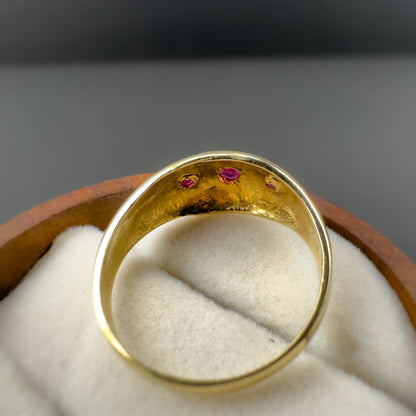 9ct | 9k Yellow Gold | Vintage Pink Ruby Trilogy Gypsy Ring | Gypsy Bands | Signet | English Hallmarks | UK Size P | Resizable |