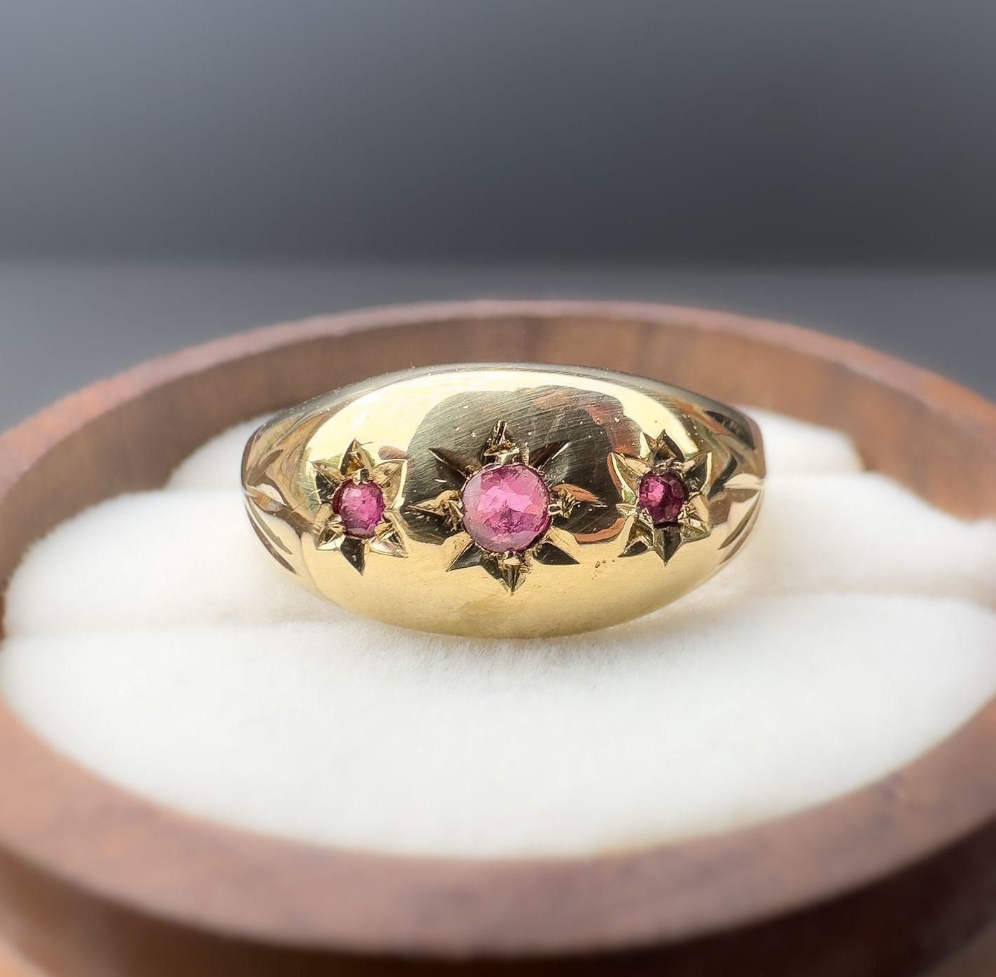 9ct | 9k Yellow Gold | Vintage Pink Ruby Trilogy Gypsy Ring | Gypsy Bands | Signet | English Hallmarks | UK Size P | Resizable |