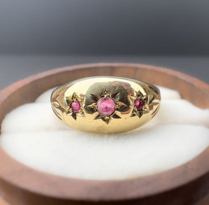 9ct | 9k Yellow Gold | Vintage Pink Ruby Trilogy Gypsy Ring | Gypsy Bands | Signet | English Hallmarks | UK Size P | Resizable |