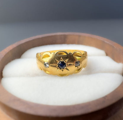 18ct | 18k Gold | Victorian | Sapphire & Diamond Trilogy Gypsy Ring | Pinky Ring | Gypsy Bands | English Hallmarks | Birmingham |
