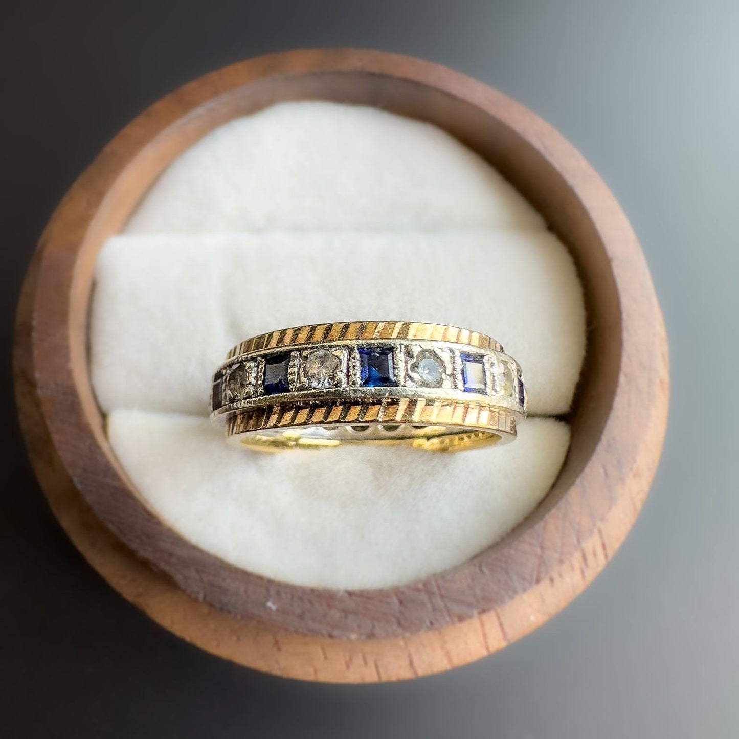 9ct | 9k Gold | Vintage Bi Coloured Eternity Band | Blue Sapphire & Zircona | Eternity Ring | English Hallmarks | UK size K | US 5.25 |