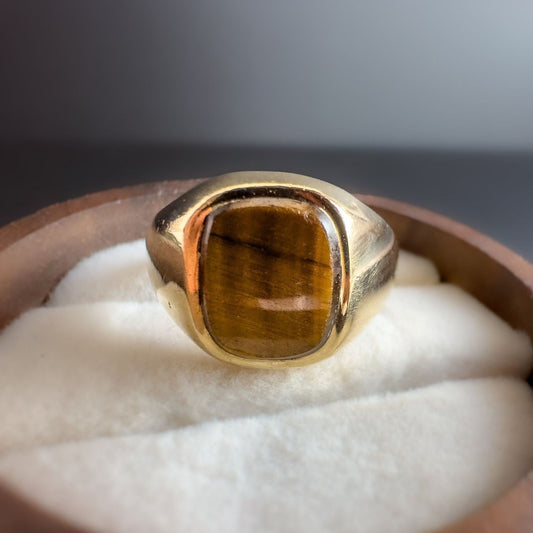 9ct | 9k Gold | Vintage | Tiger's eye Rectangular Panel Signet Ring | London Hallmarks | 90s |