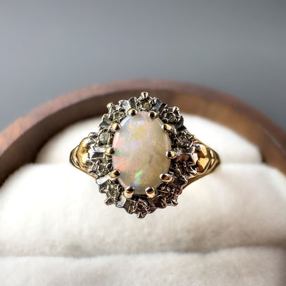 9ct | 9K Gold | Vintage | Colourful Natural White Opal & Diamond Halo Ring | Multi Stone | Statement Ring | Hallmarked |