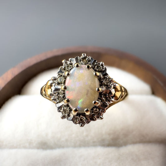 9ct | 9K Gold | Vintage | Colourful Natural White Opal & Diamond Halo Ring | Multi Stone | Statement Ring | Hallmarked |