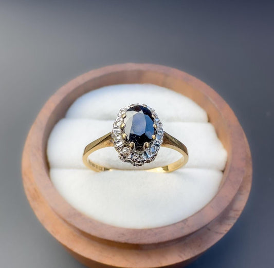 Vintage | 9ct | 9k Gold | Sapphire and Diamond Cluster Ring | English Hallmarks