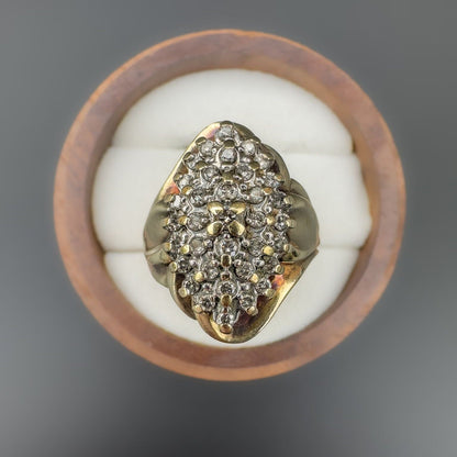 9ct | 9k Gold | Vintage | Very Fancy Foliate Diamond Marquise Shaped Cluster Ring | Statement Ring | Multi Stone Ring | English Hallmarks |