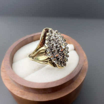 9ct | 9k Gold | Vintage | Very Fancy Foliate Diamond Marquise Shaped Cluster Ring | Statement Ring | Multi Stone Ring | English Hallmarks |