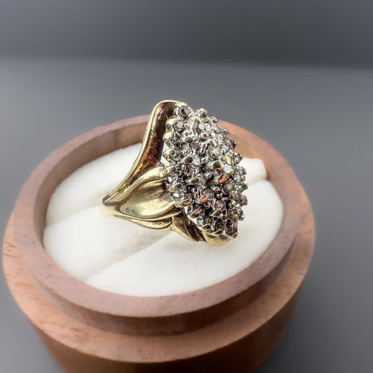9ct | 9k Gold | Vintage | Very Fancy Foliate Diamond Marquise Shaped Cluster Ring | Statement Ring | Multi Stone Ring | English Hallmarks |