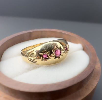 9ct | 9k Yellow Gold | Vintage Pink Ruby Trilogy Gypsy Ring | Gypsy Bands | Signet | English Hallmarks | UK Size P | Resizable |