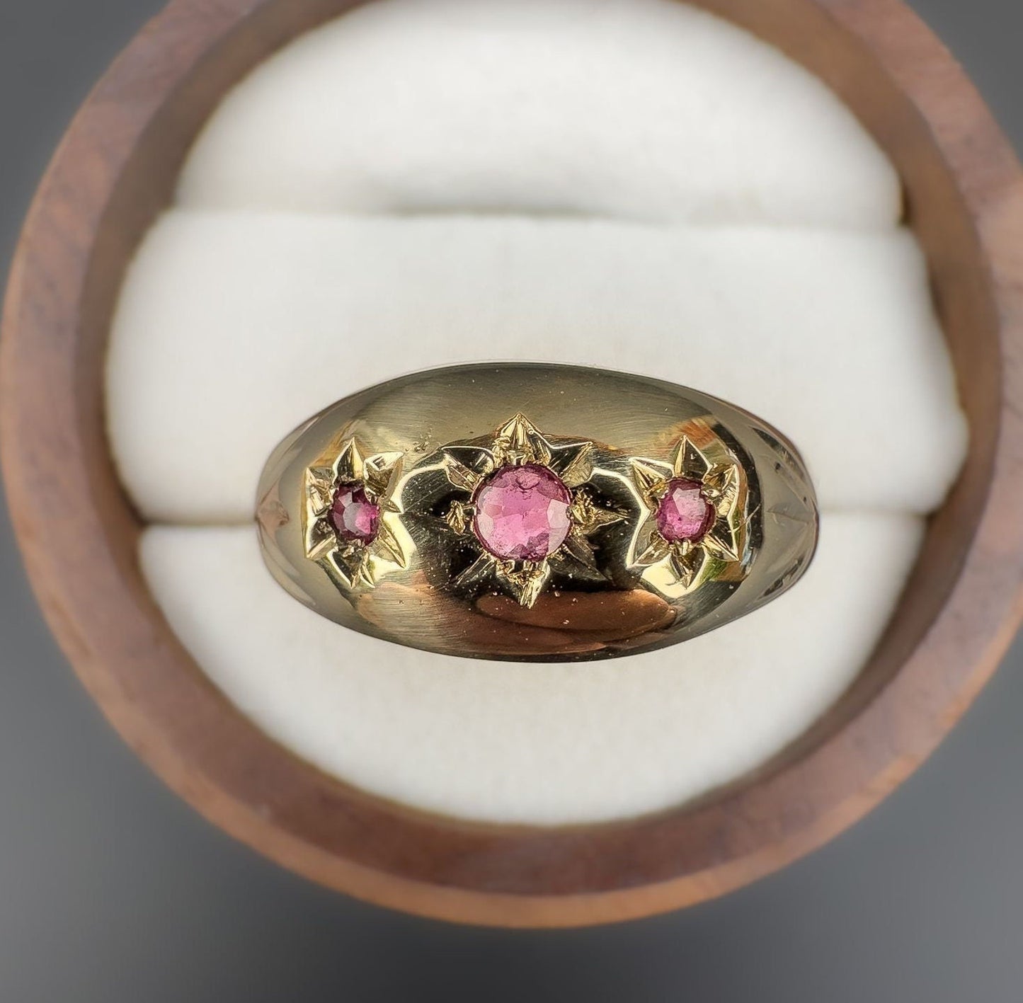 9ct | 9k Yellow Gold | Vintage Pink Ruby Trilogy Gypsy Ring | Gypsy Bands | Signet | English Hallmarks | UK Size P | Resizable |