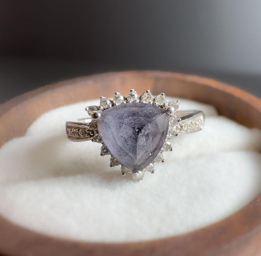 9ct | white gold |  trillion cut |  tanzanite and diamond ring | Birmingham | English Hallmarks | UK size L |