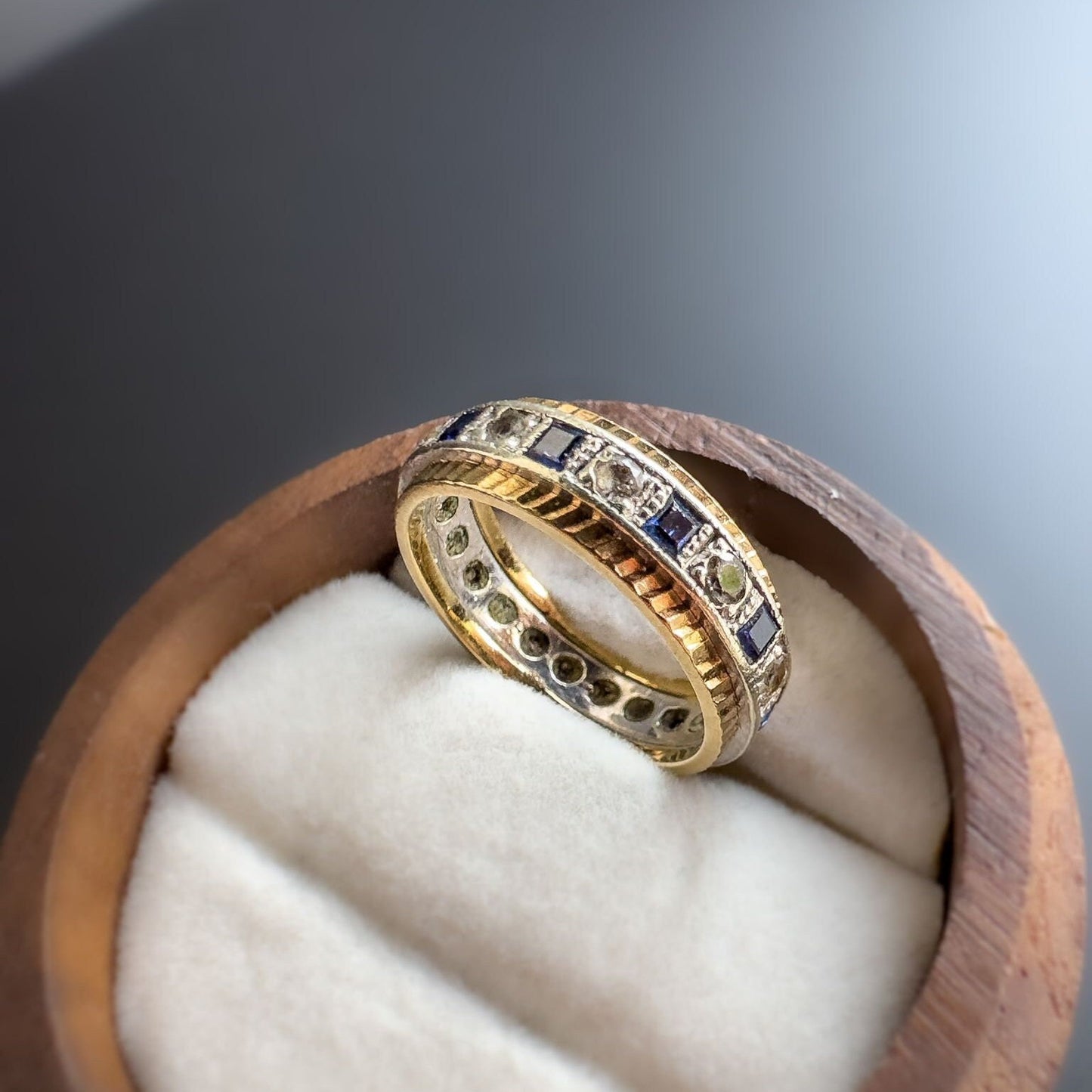 9ct | 9k Gold | Vintage Bi Coloured Eternity Band | Blue Sapphire & Zircona | Eternity Ring | English Hallmarks | UK size K | US 5.25 |