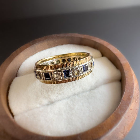 9ct | 9k Gold | Vintage Bi Coloured Eternity Band | Blue Sapphire & Zircona | Eternity Ring | English Hallmarks | UK size K | US 5.25 |