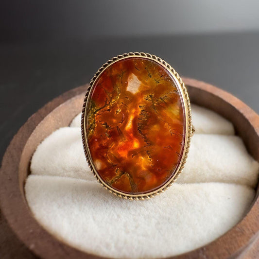 Gorgeous 70s | 9ct | 9k Gold | Vintage | Oval Moss Agate Statement Ring | Cocktail Ring | Signet Ring | English Hallmarks | Uk size L |