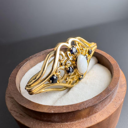 Very Pretty | Victorian | 12ct | 12k Gold | Art Nouveau Filigree Opal & Sapphire Brooch |