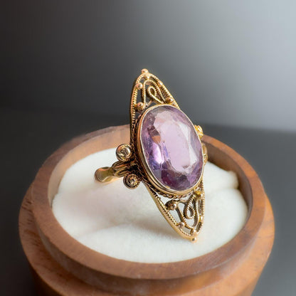 14ct Gold |  Amethyst Marquiuse Shaped Navette Ring |