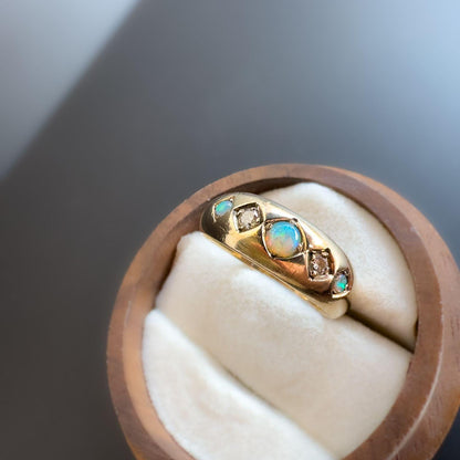 Fabulous Vintage |9ct | 9k Gold | Opal & Diamond Five Stone Gypsy Ring | Signet Ring | Domed Band Ring | English Hallmarks |