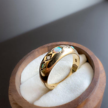 Fabulous Vintage |9ct | 9k Gold | Opal & Diamond Five Stone Gypsy Ring | Signet Ring | Domed Band Ring | English Hallmarks |