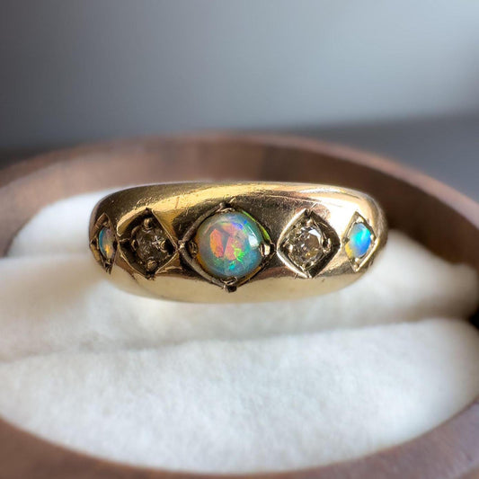 Fabulous Vintage |9ct | 9k Gold | Opal & Diamond Five Stone Gypsy Ring | Signet Ring | Domed Band Ring | English Hallmarks |
