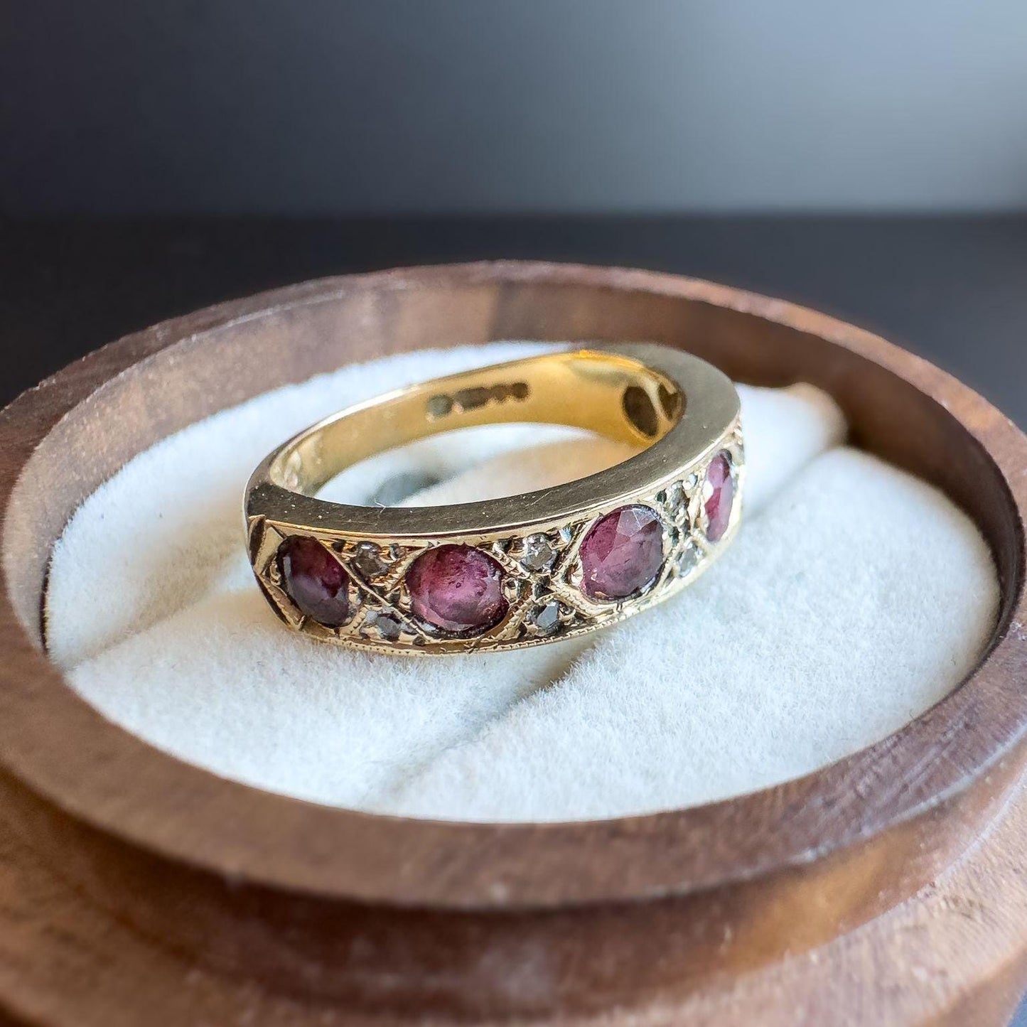 Gorgeous | Vintage | 9ct | 9k Gold | Ruby & Diamond Half Eternity Ring | Multi Stone Ring | London Hallmarked | UK L | US 5.75 | Resizable