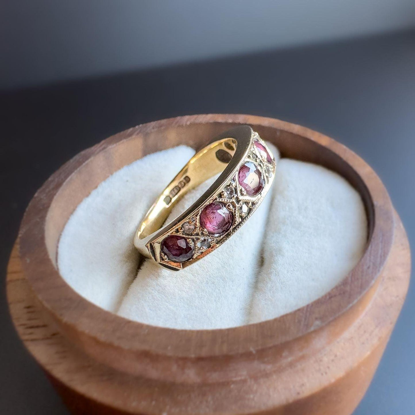 Gorgeous | Vintage | 9ct | 9k Gold | Ruby & Diamond Half Eternity Ring | Multi Stone Ring | London Hallmarked | UK L | US 5.75 | Resizable