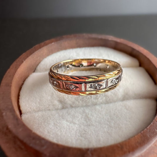 Gorgeous | 18ct | 18k Solid Gold | Vintage Bi Coloured Patterned | Full Diamond Eternity Band Ring | English Hallmarks |
