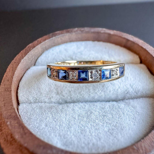Beautiful | Vintage | 9ct | 9k Gold | Blue Sapphire & Diamond Eternity Band Ring | Stackable | Hallmarked | UK M | US 6.25 | Resizable |