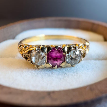 Victorian | 15ct | 15k Gold | Art Nouveau | Old Mine Cut Natural Diamond & Ruby Trilogy Ring | UK Size P 1/2 - US Size 8 Resizable |